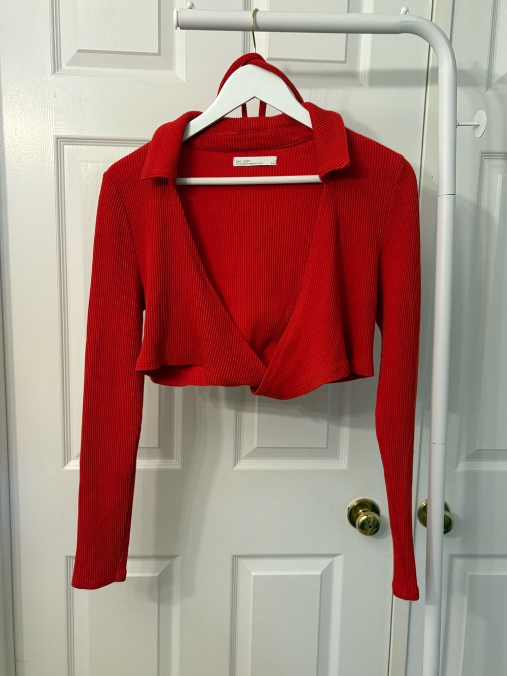 Oak + Fort Red Ribbed Balletcore Wrapped Cropped Long Sleeve Top Size Medium